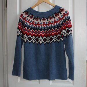 Chaps Women's Fair Isle Nordic Yoke Sweater - Blue/Red/White - Size Medium EUC